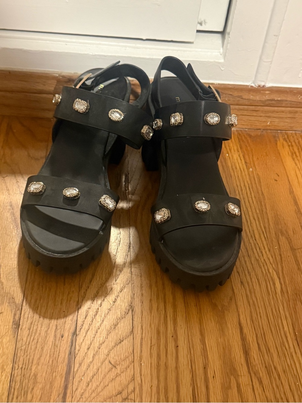 Madden girl Chunky Black Sandals with Crystal Studs